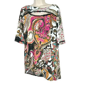 Mishca Asymmetric Tunic Top Women Size L Multicolor Short Sleeve PeekABoo Chest